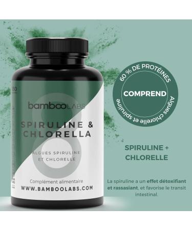 Bamboo Labs - Spirulina and Chlorella Vegan Food Supplements 180 capsules of 1800 mg promote the daily immune system muscle recovery and offer a Satiety effect - Buy Online on GoSupps.com
