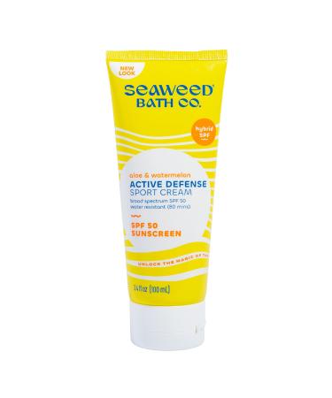 Seaweed Bath Co. Active Defense SPF 50 Sport Broad Spectrum Hybrid Sunscreen Cream  3.4 Ounce  Sustainably Harvested Seaweed  Aloe  Watermelon