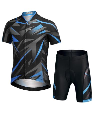 Amur leopard children bike jersey set boy bicycle clothing girls fast drying short-sleeved jersey breathable suit bicycle jersey short sleeves+short bike pants with 3D seat cushion 14-15 years blue+black+gray