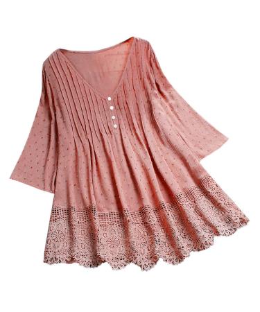 Angxiwan Women's Plus Size Shirts Casual V Neck Tops Solid Button 3/4 Sleeve Blouse Lace Hem Tunic Tops S-4XL Pink XX-Large