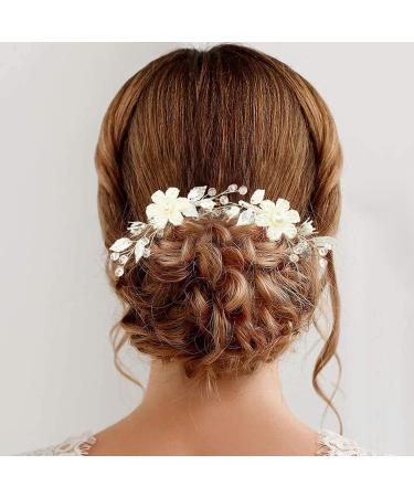 BETITETO Pearls Flower Hair Clips 2pcs Bridal White Floral Silver Leaf Vine Hair Pieces Accessories for Wedding Women - Buy Online on GoSupps.com