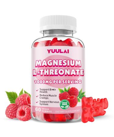 Magnesium L-Threonate Gummies Suagr-Free 1000MG Magnesium Threonate Supplement for Kids & Adults Muscle & Nervous System Support Raspberry Flavor 60 Count 60 Count (Pack of 1)