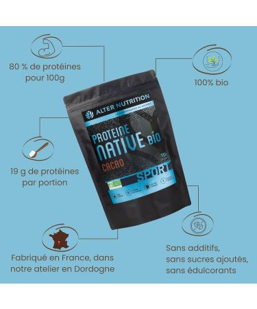 ALTER NUTRITION - Lactose Free Organic Native Protein - Cocoa - Mass Gain - Low Fat - No Added Sugars - 100% Milk from France -76% Protein - Bag of 700g - Buy Online on GoSupps.com