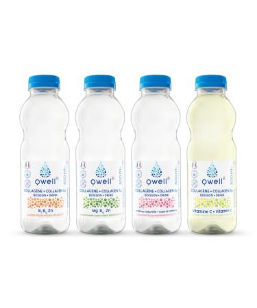 Qwell Collagen drink enriched with vitamins and nutrients. Discovery pack 4 x 500 ml, 4 flavors: peach, green apple, waterme