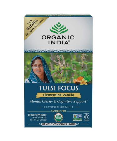 Organic India Tulsi Tea Focus Clementine Vanilla Caffeine Free 18 Infusion Bags 1.34 oz (38.08 g)