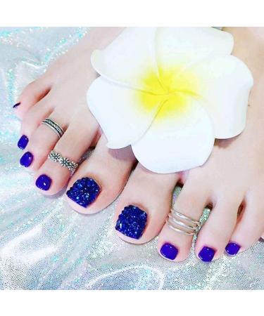 Yienate false nail for toes chic exquisite bling bride bride king blue full diamond summer fake nail for toes complete cover nail tips toenails 24 hours