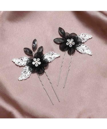 Casdre Black Flower Bride Wedding Hair Pins - Silver Crystal Bridal Hair Pieces (Pack of 2) - Buy Online on GoSupps.com