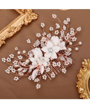 Chargances White Flower Pearl Hair Comb for Wedding Brides Bridesmaid Crystal Beaded Hair Comb Accessories Rhinestone Head Pieces for Women Girls Porm (Rose Gold)