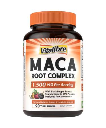 Vitalibre Maca Root Capsules for Women & Men, 1500 mg Maca Root Per Serving, with Black Pepper for Max Absorption, 95% Piperine, Vitality, Mood, Metabolic Support, 90 Capsules