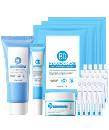 Hydrating Face Care Set 8D Hyaluronic Acid Skin Care Set Moisturize Skin Smooth Fine Lines Improves Skin Elasticity Anti-Aging Skin Care Set with Cleanser Eye Cream Face Cream Serum Mask