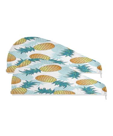 Summer Fruit Pineapple Dry Hair Cap 2 Piece Quick Drying Towel Set with Button Headband Super Absorbent Soft & Comfortable