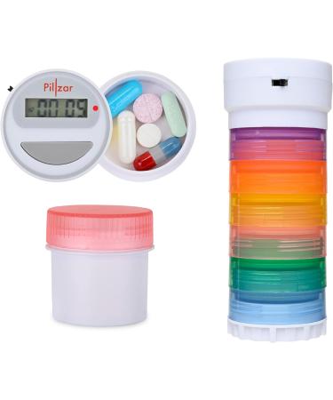 Portable Stackable Pill Organizer and Timer Cap with 14 countdown alarm presets. Comes with 1 Timer, 6 Small Stackable Containers, 1 Large Container, and 2 Magnetic Adapters. Travel Friendly.