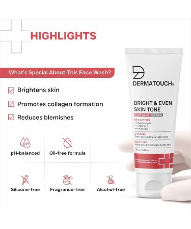 DERMATOUCH Clear and even facial cleanser with niacinamide vitamin E and kojic acid Daily Gentle Facial Cleanser for Tan Pigmentation Uneven Tone 70G - Buy Online on GoSupps.com