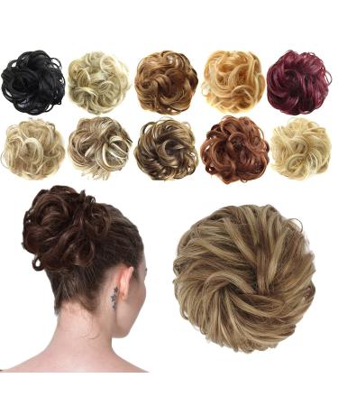 FESHFENMessy Bun Hair Piece, Messy Hair Bun Scrunchies for Women Brown & Blonde Synthetic Wavy Curly Chignon Ponytail Hair Extensions Thick Updo Hairpiece for Daily Wear 1PCS 12H24# Brown & Blonde