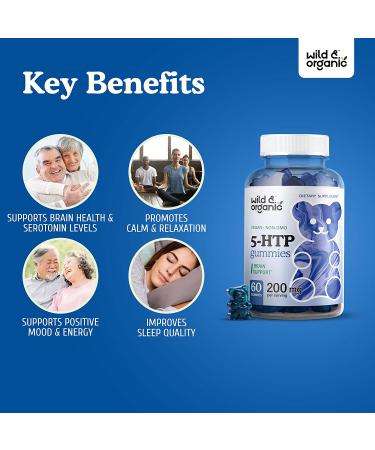 Organic Blueberry Flavored 5-HTP Gummies - Stress Relief & Mood Support Supplement with Melatonin and Serotonin Booster - 200mg 60 Chews - Buy Online on GoSupps.com