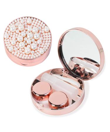 Contact Lens Mirror Case Glitter Pearl Mini Travel Contact Lens kit Including Contact Lens Removal Tool with Bottle and Tweezers (Rose Gold)
