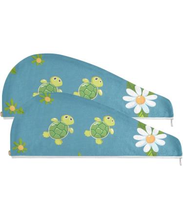 Super Absorbent Cartoon Cute Turtles & Daisies Hair Towel 2 Pack | Quick Dry Hair Turbans for Women & Girls - Buy Online on GoSupps.com