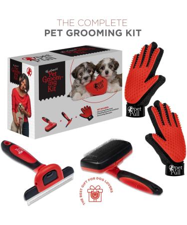Professional Pet Grooming Kit with Self Cleaning Slicker Brush for Dogs & Cats | Reduces Shedding Fur | Includes Pet Hair Remover Gloves | Combo Gift Set - Buy Online on GoSupps.com