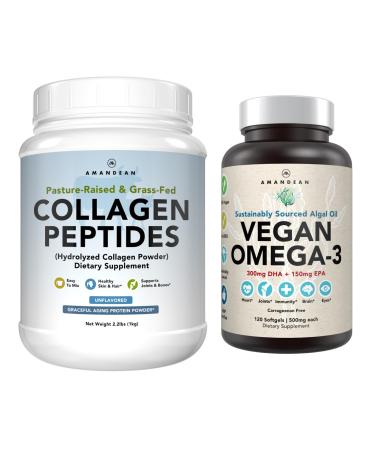 Healthy Skin & Joints Bundle - Premium Vegan Omega-3 (120 Capsules) from Marine Algae + Grass-Fed Collagen Peptides Powder (1kg - 100 Servings) Non-GMO. Radiant Skin Joints Bones & Graceful Aging