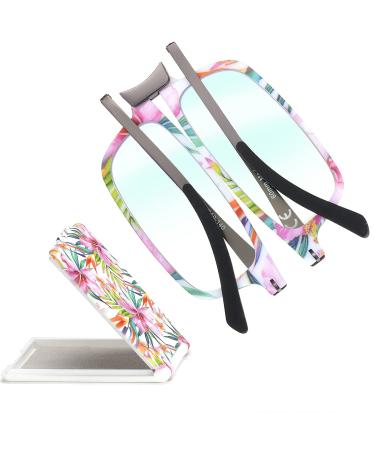 Missfive Modern 3.0x Folding Reading Glasses For Women Men Blue Light Blocking Anti UV/Eyestrain Fashion Pattern Print Foldable Thin Lightweight Portable Readers Pocket Travel Eyeglasses Flower