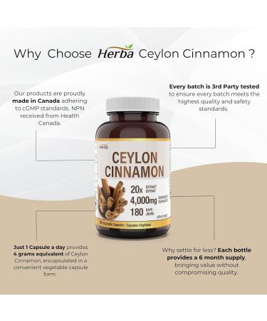 Herba Ceylon Cinnamon Capsules 4000mg - 180 Vegetable Capsules | Powerful 20:1 Extract from Sri Lanka | Equivalent to 4 000mg Dry Ceylon Cinnamon Powder | Made in Canada - Buy Online on GoSupps.com