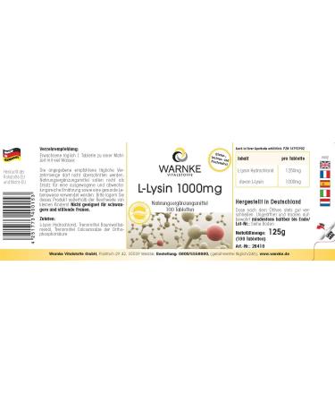 Lysine Tablets 1000mg - Vegan Amino Acid - 100 Tablets | Warnke Vitalstoffe - German Pharmacy Quality - International Shipping - Buy Online on GoSupps.com