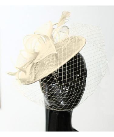 Caprilite Cream Sinamay Fascinator with Saucer | Elegant Wedding & Ascot Hat with Birdcage Veil - One Size - Buy Online on GoSupps.com