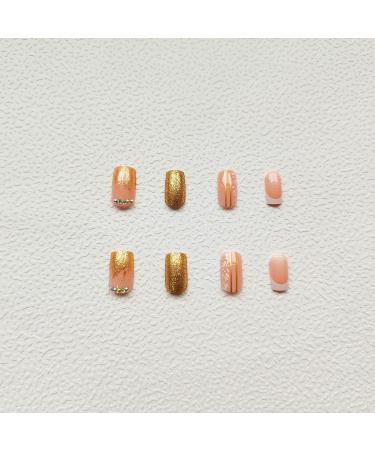 Glossy White Flower Gold Glitter Square Press-on Nails with Rhinestone Design - 24Pcs - Buy Online on GoSupps.com
