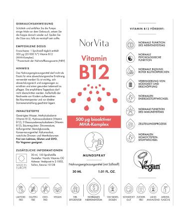 Norvita Vitamin B12 Spray 500 g - Vegan High-Dose B12 Complex | Natural Lemon & Menthol - 30 ml (150 Daily Doses) - Buy Online on GoSupps.com
