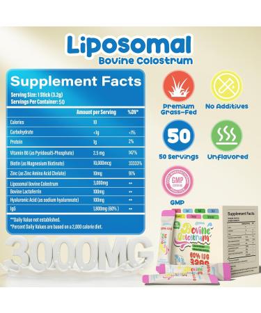 Colostrum Supplement Powder - Grass Fed Bovine Colostrum with 60% IgG Hyaluronic Acid Zinc & Biotin | Supports Gut Health Immune System Beauty & Hair Growth | Unflavored 50 Servings Packets Unflavored 5.64 Ounce (Pack  - Buy Online on GoSupps.com