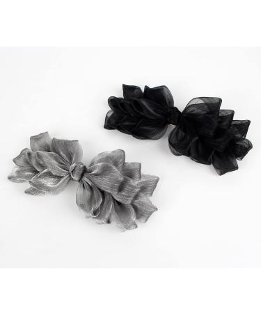 Elegant Barrettes for Women Black and Silver Big Bow Barrettes for Women Decorative Flower Hair Barrettes for Party and Wedding 2pcs