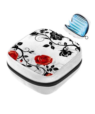 Menstrual Pad Bag with Zipper Ladies Napkin Pouch Tampons Collection Bag for Women and Girls (Ornament with Roses)