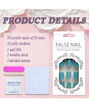 Turquoise Blue Short Square Press on Nails - 24 Pcs Full Cover False Nails with Designs and Nail Glue - Blue Glossy Artificial Acrylic Nails for Women and Girls - Buy Online on GoSupps.com