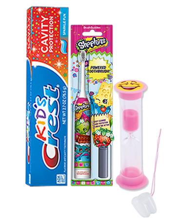 Shopkins 3pc. Bright Smile Oral Hygiene Set! Shopkins Turbo Powered Toothbrush, Crest Kids Sparkling Toothpaste & 2 Minute Teeth Brushing Timer! Plus Bonus"Remember to Brush" Visual Aid!