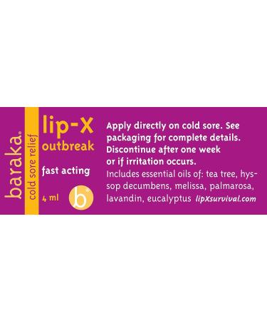 Baraka LipX Outbreak - Natural Cold Sore & Lip Blister Remedy - Made with Tea Tree Hyssop Decumbens Melissa Palmarosa Lavandin & Eucalyptus Essential Oils - Lip Blister Oil - 4ml Size (1 Pack) 0.14 Fl Oz (Pack of 1) Ou  - Buy Online on GoSupps.com