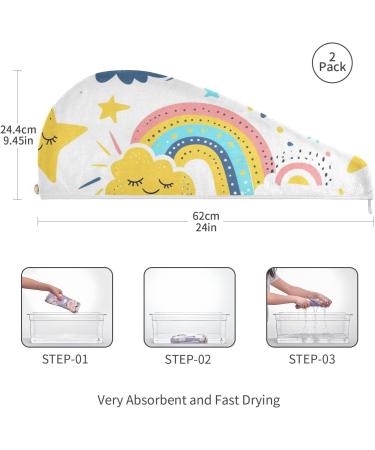Rainbows Clouds Stars Hair Towel 2 Pack - Super Absorbent Quick Dry Hair Turbans for Women & Girls - Buy Online on GoSupps.com