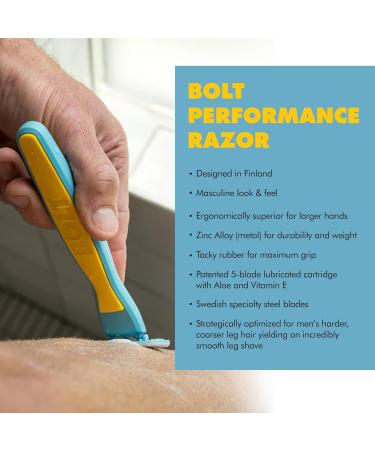 Buy Bolt Performance Razor for Men's Leg Shaving - Ergonomic Zinc Alloy 5-Blade Cartridge with Aloe & Vitamin E - Includes 2 Cartridges - International Shipping Available - Buy Online on GoSupps.com