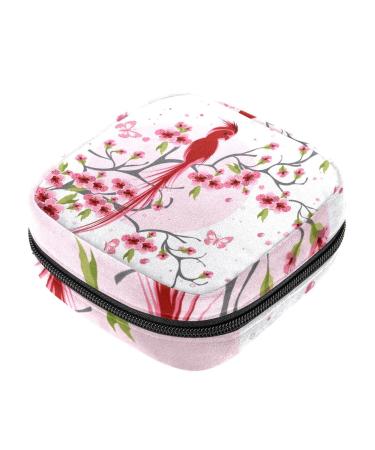 Menstrual Bag with Zipper for Women Girls Cherry Blossom and Bird Tampons