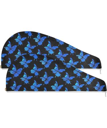 Blue Butterfly Black Hair Towel 2 Pack - Super Absorbent Quick Dry Hair Turbans for Women & Girls - Buy Online on GoSupps.com
