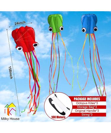 3 Pack Octopus Kite Set - Easy Flyer Beach Kites for Kids & Adults - Blue/Green/Red - 100M Kite String Included - Buy Online on GoSupps.com