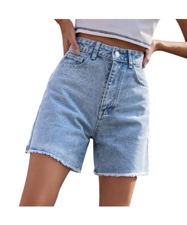FUMOOD Womens Casual Jeans Shorts for Summer Mid Waist Baggy Bermuda Shorts Trendy Cut Off Hot Denim Shorts with Pockets Light Blue Large