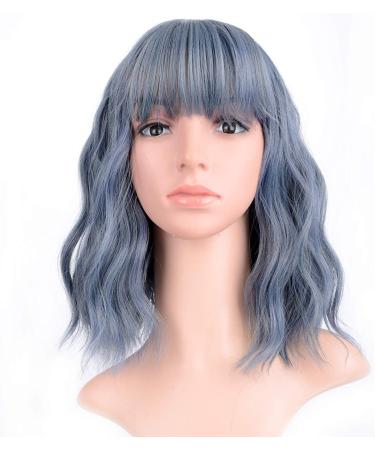 FAELBATY Short Bob Blue Wig with Air Bangs - Shoulder Length Curly Wavy Synthetic Cosplay Wig for Women - 12 Blue Mix Halloween Costume Wig - Buy Online on GoSupps.com