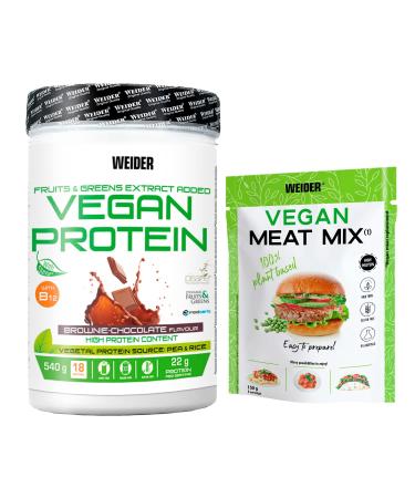 Weid Pack vegan protein brownie taste (540g) + vegan meat mix (150g).Quality protein 100% vegetable.Complete package for vegan protein drinks and meals preparations.Gluten free.Pack chocolate 540g + vegan meat mix