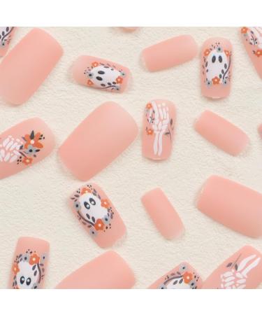 Halloween Press on Nails - Cute Floral & Ghost Skeleton Designs | Short Medium Square Full Cover Acrylic Nails for Women & Girls | 24Pcs Halloween Collection - Buy Online on GoSupps.com