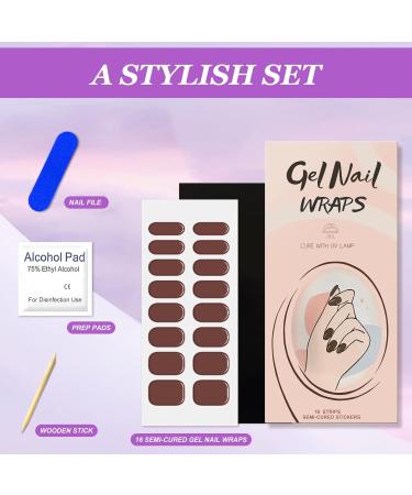 Semi Cured Gel Nail Strips 16 Pieces Gel Nail Polish Stickers Solid Color Full Nail Wraps Soft Self Adhesive Natural French Tip Manicure Kit with 2 Prep Pads Nail File & Wooden Stick - Brown - Buy Online on GoSupps.com