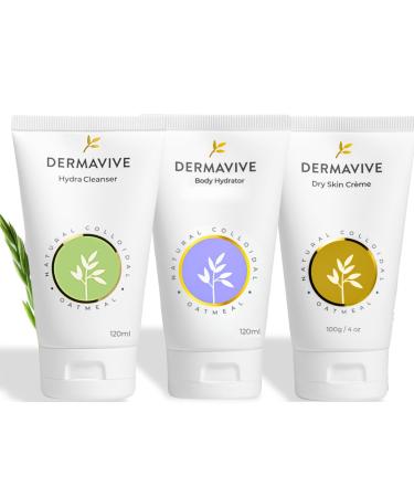 Dermavive Sensitive Skin Care Bundle Hydrating Facial Cleanser 120ml + Oatmeal Body Hydrator 120ml + Dry Skin Cr me 100g | For Dry Flaky Itchy & Sensitive Skin | With Colloidal Oatmeal & Vitamin E