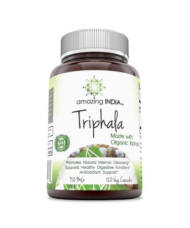 Amazing India Organic Triphala (3 Fruits) 750 mg 120 Veggie Capsules (Non-GMO) - Raw, Vegan- Gluten-Free, Plant-Based Nutrition - Supports Cell Regeneration, Detoxification & Overall Health*