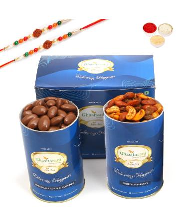 Ghasitaram Gifts Rakhi Gifts for Brothers Chocolate Almonds and Mix Dryfruits Cans with 2 Rudraksh Rakhis Chocolate Chocolate Almonds and Mix Dryfruits Cans 2 Rakhis