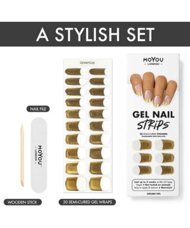 MOYOU LONDON Golden Tips Gel Nail Wraps 20 Pcs Salon-Quality Manicure Set - Includes Nail File & Cuticle Stick (UV/LED Lamp Required) - Buy Online on GoSupps.com