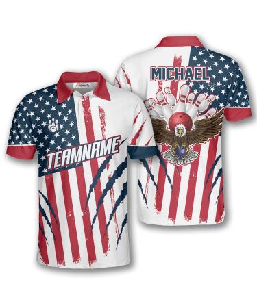 PRIMESTY Personalized Bowling Shirts for Men Custom Name and Team Name Bowling Polo Shirts Bowling Jerseys Size S-5XL Eagle Scratches American Flag